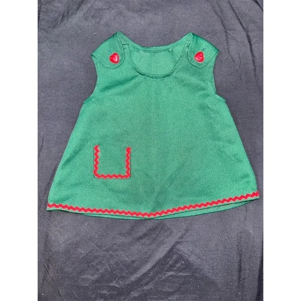 Handmade Christmas Girls Jumper Dress Green Ric Rac Heart Buttons Holiday 2T Vtg